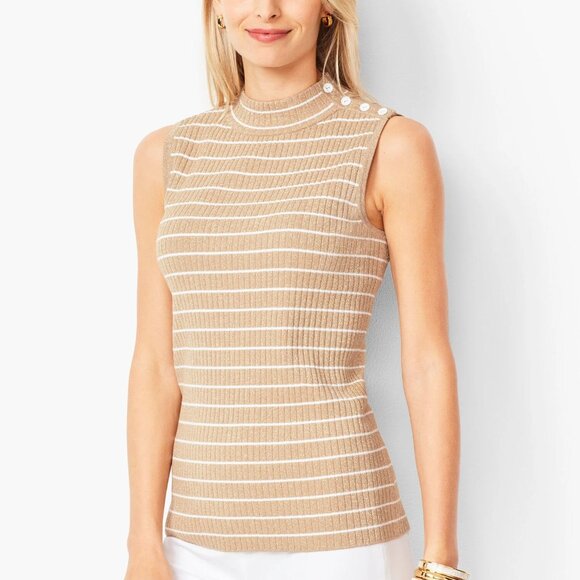 Talbots Sleeveless Ribbed Metallic Gold Stripe Sweater Button Accents XL - Picture 2 of 8